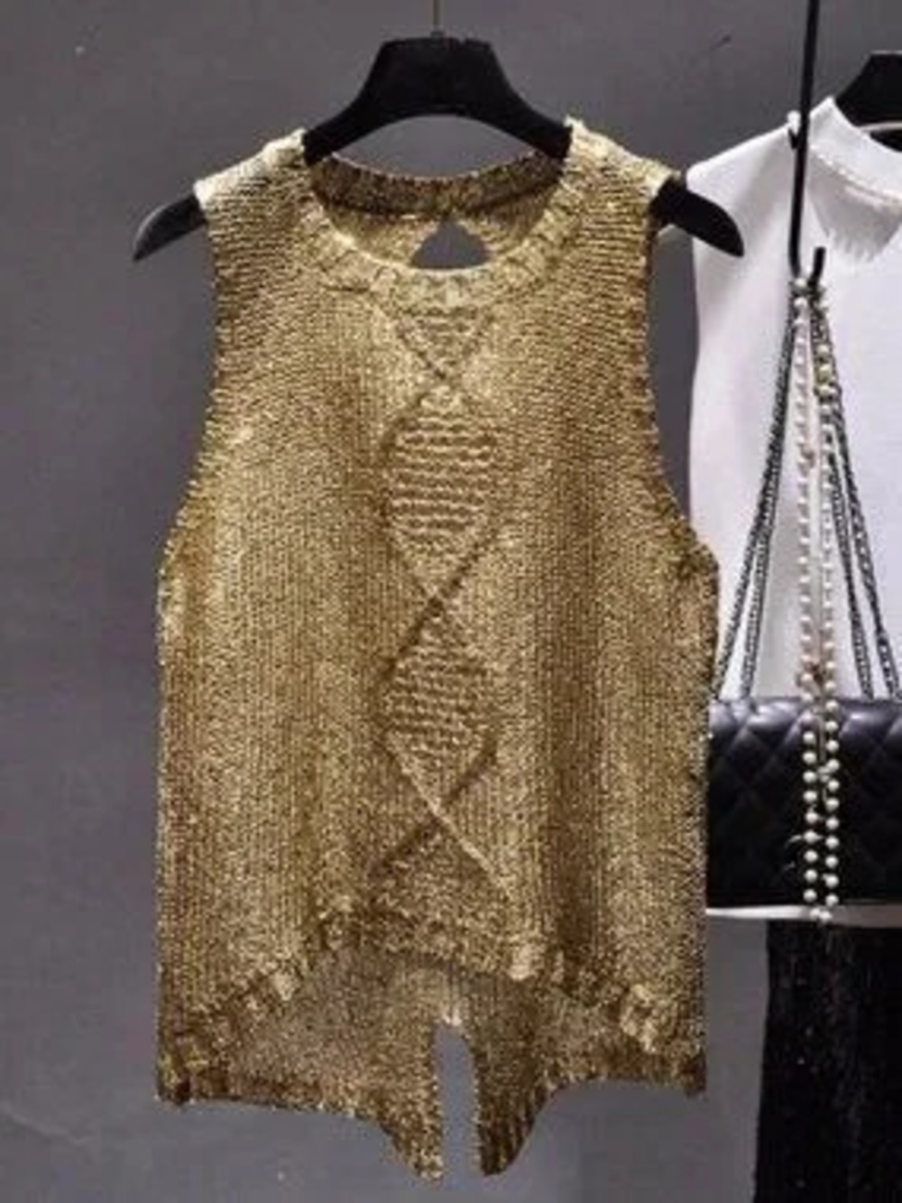 ZARA Gold Casual Women's Round Neck Asymmetric Hem Design Sleeveless Knit Top